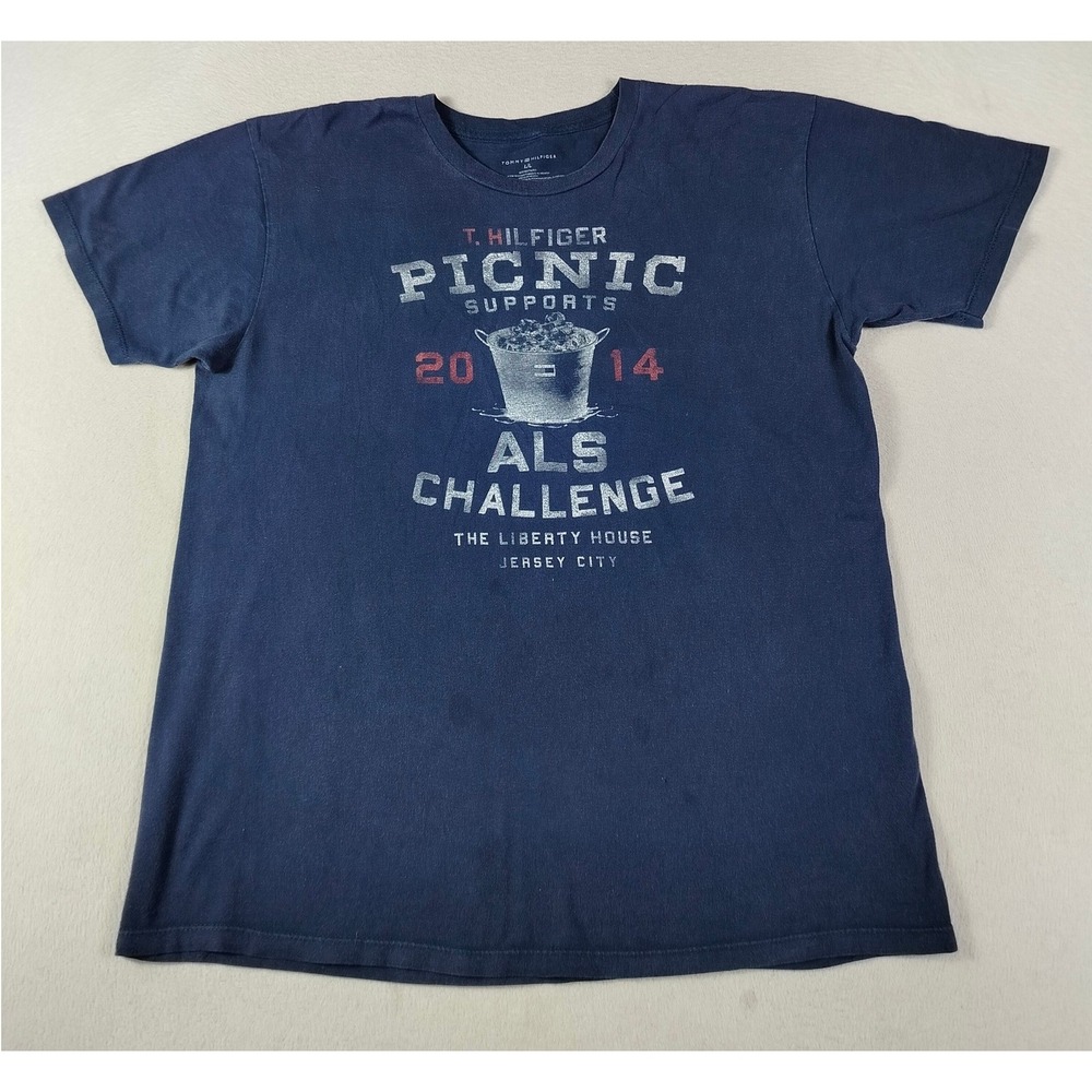 Tommy Hilfiger T-Shirt Mens L Blue ALS Ice Bucket Challenge Picnic 2014 Graphic